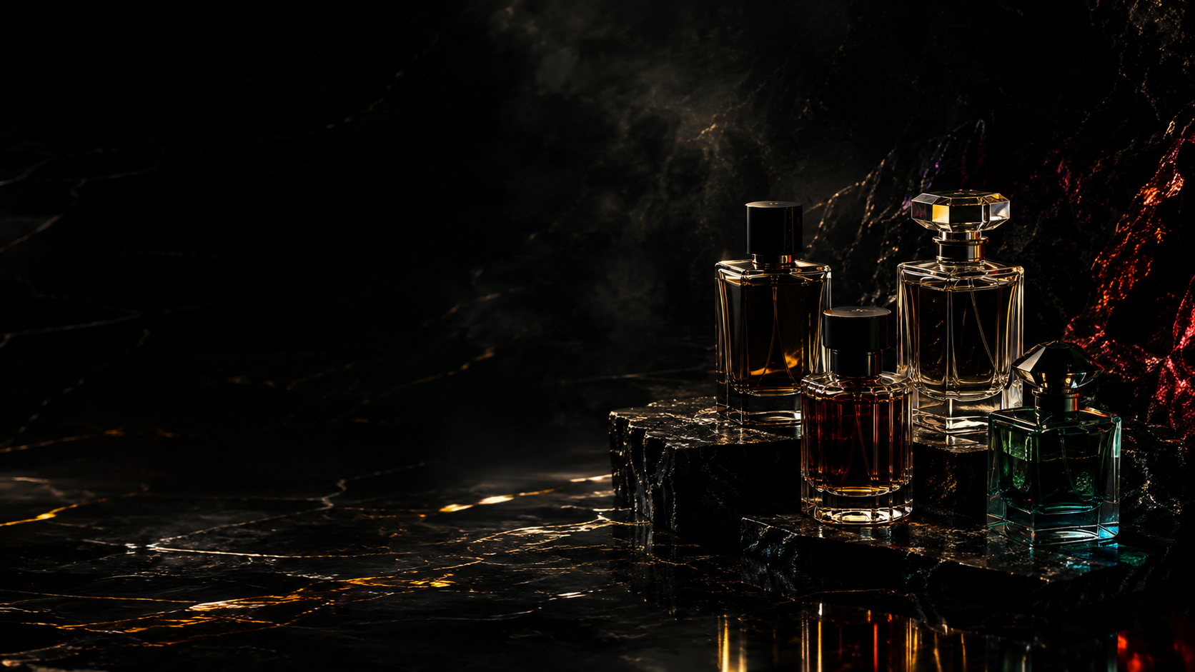 Premium perfume bottles arranged in warm luxury lighting